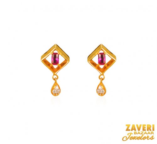 22Kt Gold Ruby Color Stone Earrings 