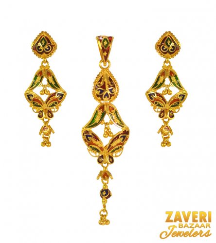 22 Kt Gold Meenakari Pendent Set 