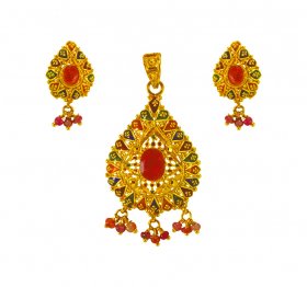22Kt Gold Meenakari Pendant Set